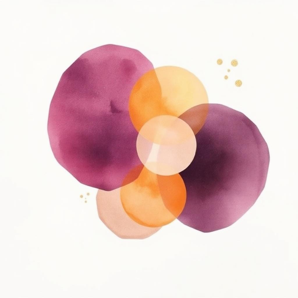 An abstract watercolor evoking community — a cluster of soft plum, rose, and golden orbs nestled together